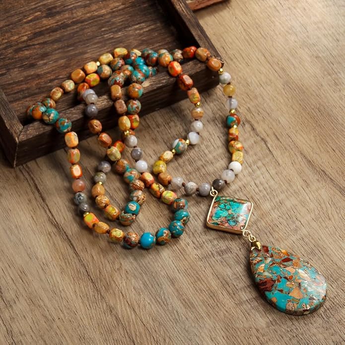 Yomisa Boho Necklaces for Women Men Long,33/34/35 Inch Natural Turquoise Tiger Eye Beaded Stone Pendant Necklaces for Women Trendy,Handmade Bohemian Western Bead Necklace Fashion Charm Jewelry Gift