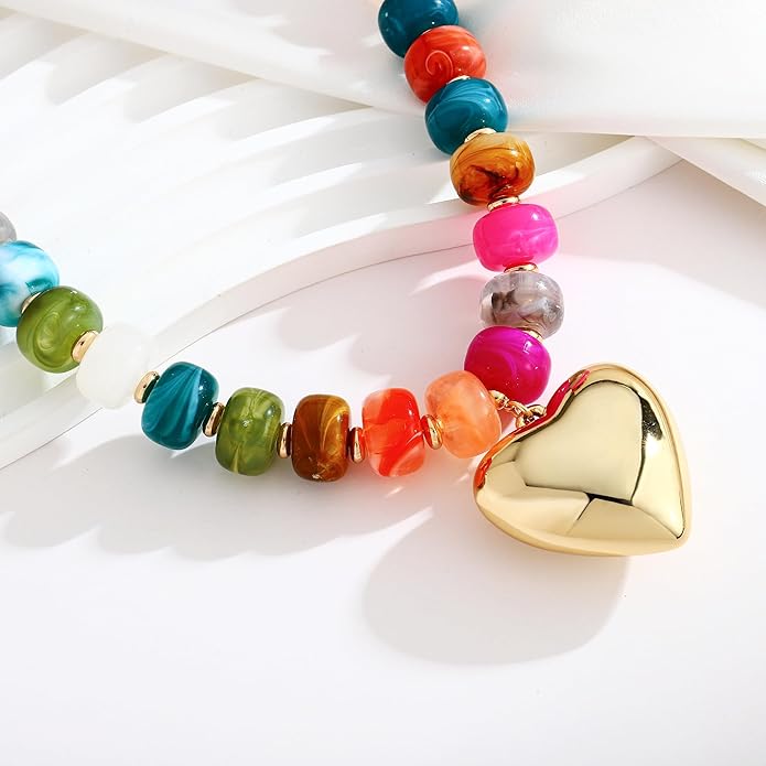 WOWORAMA Chunky Heart Necklaces for Women Colorful Resin Beaded Choker Necklace Gold Puffy Heart Statement Necklace Trendy Acrylic Choker Jewelry