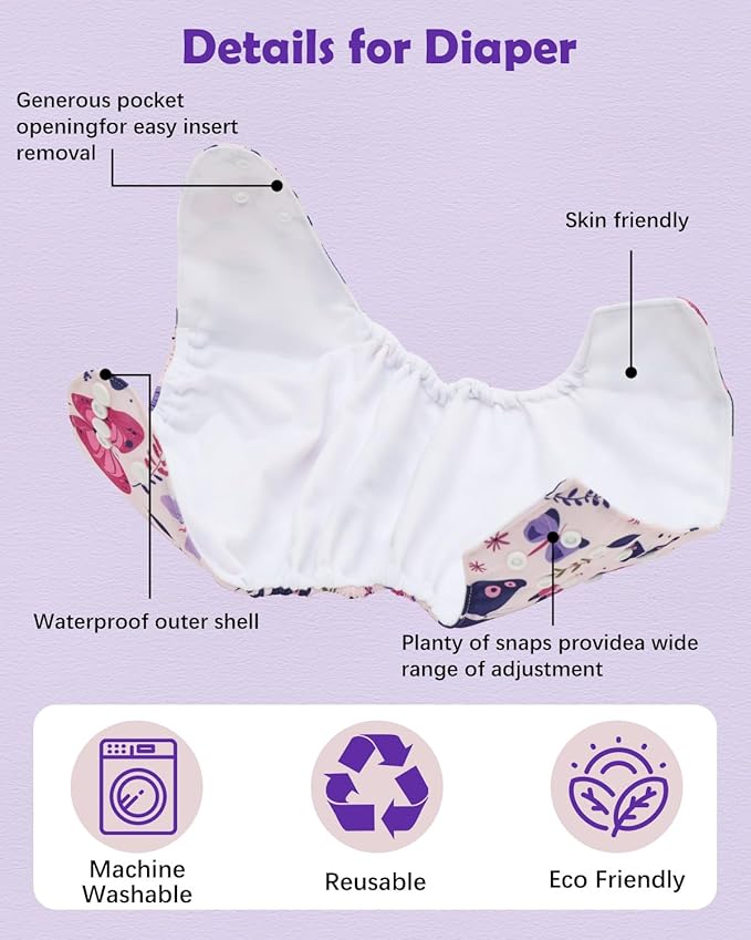 Babygoal Baby Cloth Diaper 6 Pack with 6pcs Inserts and Wet Bag for Fitted Diapers and Prefolds, Adjustable and Reusable Covers for Toddler Boys and Girls