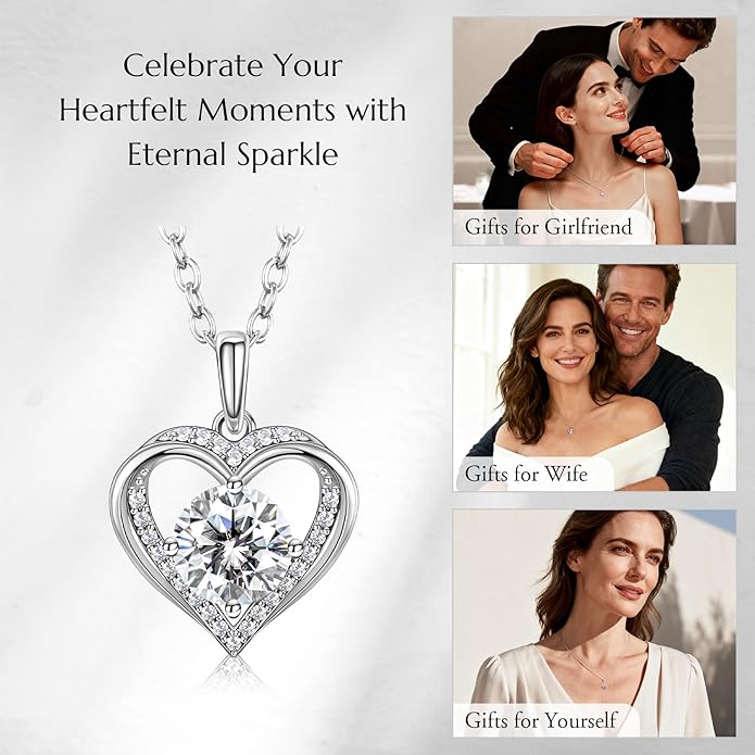 NORBU Moissanite Necklace for Women, 1 CT D Color VVS1 Clarity Round Cut, 925 Sterling Silver Heart Necklace with 18K White Gold Plated, Jewelry Gift for Wedding Anniversary Birthday Christmas Valentine's Day