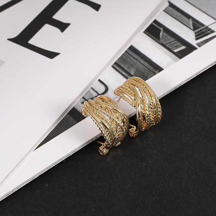 Mytys Two Tone Huggie Hoop Earrings Cross Over Design Twisted Rope Silver Gold Statement Wide Band Clip On Hoops for Women Fashion Jewelry Gift