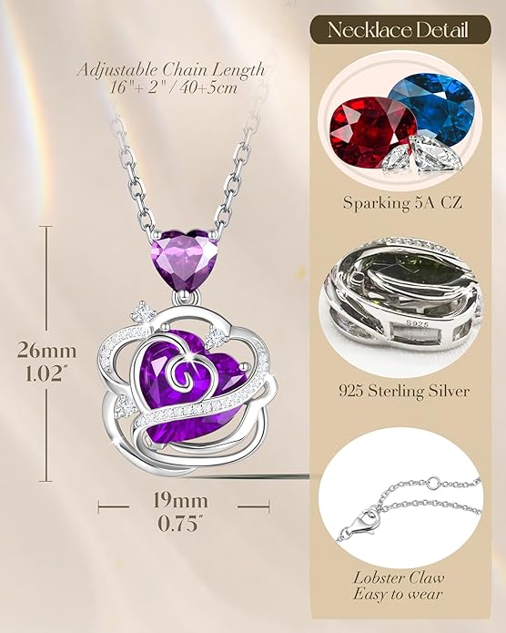FANCIME Thornless Pulse Heart Birthstone Necklace for Women Sterling Silver Rose Pendant Fine Jewelry Gemstone Birthday Valentines Day Gifts for Wife Her