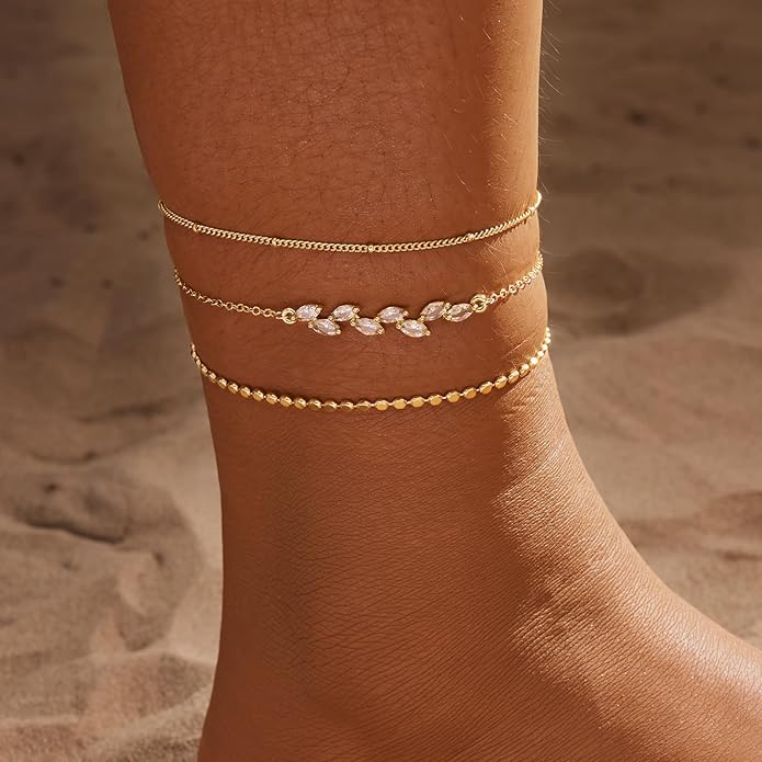 MIDEEO Gold/Silver Ankle Bracelets for Women,14K Gold Anklets for Women Waterproof Cuban Link Heart Beads Herringbone Rhinestone Anklets Set Layered Anklet Bracelets for Women Gold Jewelry Gift