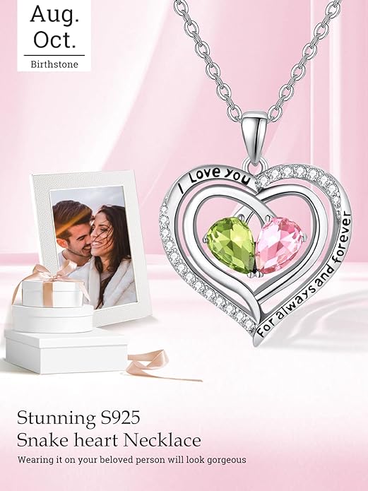Valentine's Day Gifts for Wife 925 Sterling Silver Double Birthstone Pendant Necklaces I Love You for Always and Forever Necklace Anniversary Birthday Gifts for Wife Girlfriend Mom Her