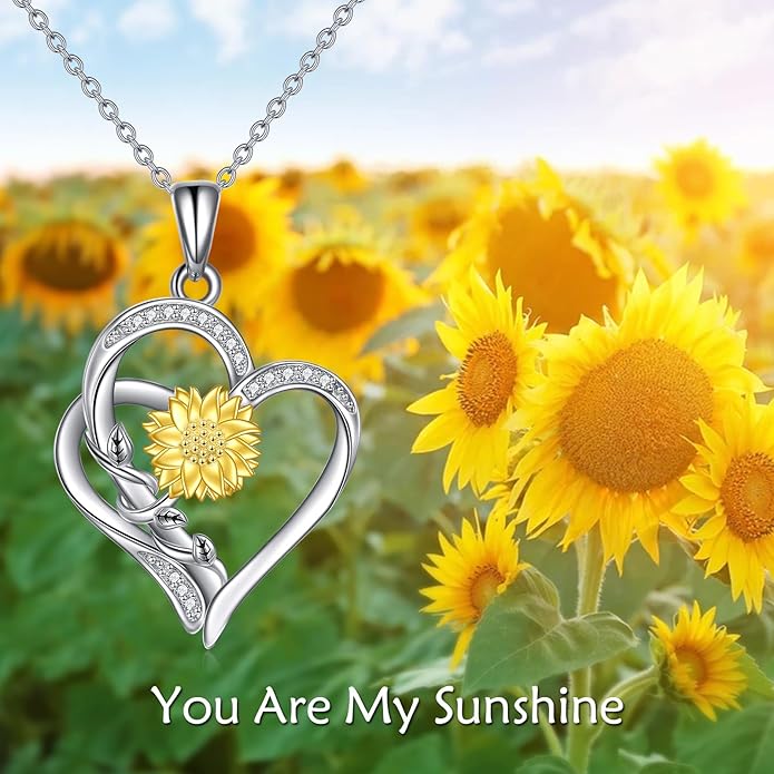 ZBA Natural Diamond Sunflower Heart Necklace for Women 18K Gold Plated Sterling Silver Sunflower Heart Pendant Necklace Jewelry Christmas Gifts for Mom(Color FG Clarity SI2SI3)
