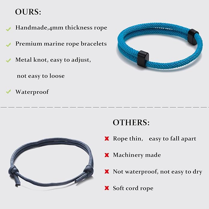 TempBeau Nautical Braided Rope Bracelets Set - 6 Pcs Adjustable Braided Cord Bracelet, Handmade Navy Marine String Bracelet with Metal Knot, Men Women Braided Bracelets Gifts