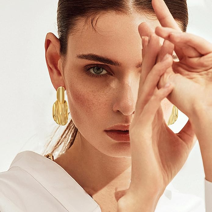 Chunky Gold Earrings for Women - Hammered Gold Plated Dangle Drop Jewelry Gifts