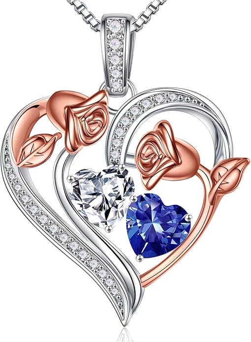 Iefil Valentines Day Gifts for Her - 925 Sterling Silver Rose Heart Necklace, Birthstone Jewelry, Anniversary Birthday Gifts for Wife Girlfriend Mom Daughter