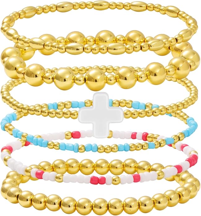 Gold Bracelets for Women Waterproof, 14K Gold Plated Beaded Cross Bracelets Set,Boho Stretch Bracelets Stackable Jewelry for Women Teenage Girls Jewelry Christmas Gifts
