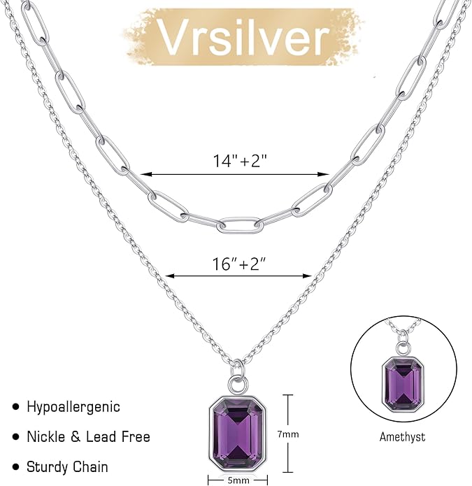 Layered Birthstone Necklace for Women Girls, 14K Gold-Plated Paperclip Chain Choker Necklace with Rectangle Birthstone Pendant Birthday Gifts for Women Girls Dainty Small