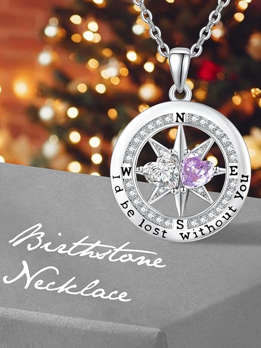 Compass Necklace for Women, Exquisite S925 Valentines Day Anniversary Birthday Gifts for Wife Her Double Birthstone Pendant Jewelry ‘I'd be Lost Without You’