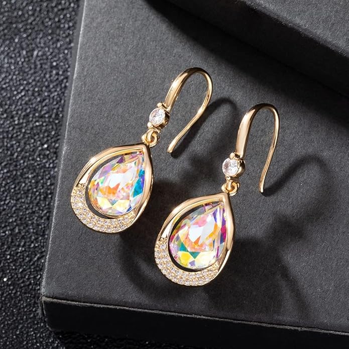 Austrian Crystal Halo Teardrop Hollow Drop Dangle Earrings for Women 14K Rose Gold Plated Hypoallergenic Jewelry Gifts