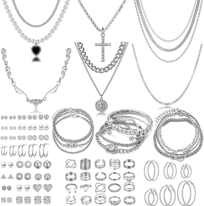 116 Pcs Silver Jewelry Set with 7Pcs Layered Necklace, 11 Pcs Bracelet and 22pcs Hoop Earrings ,22pcs Knuckle Rings,54pcs stud earrings Jewerly set For Women Valentine Anniversary Birthday Friendship Gift