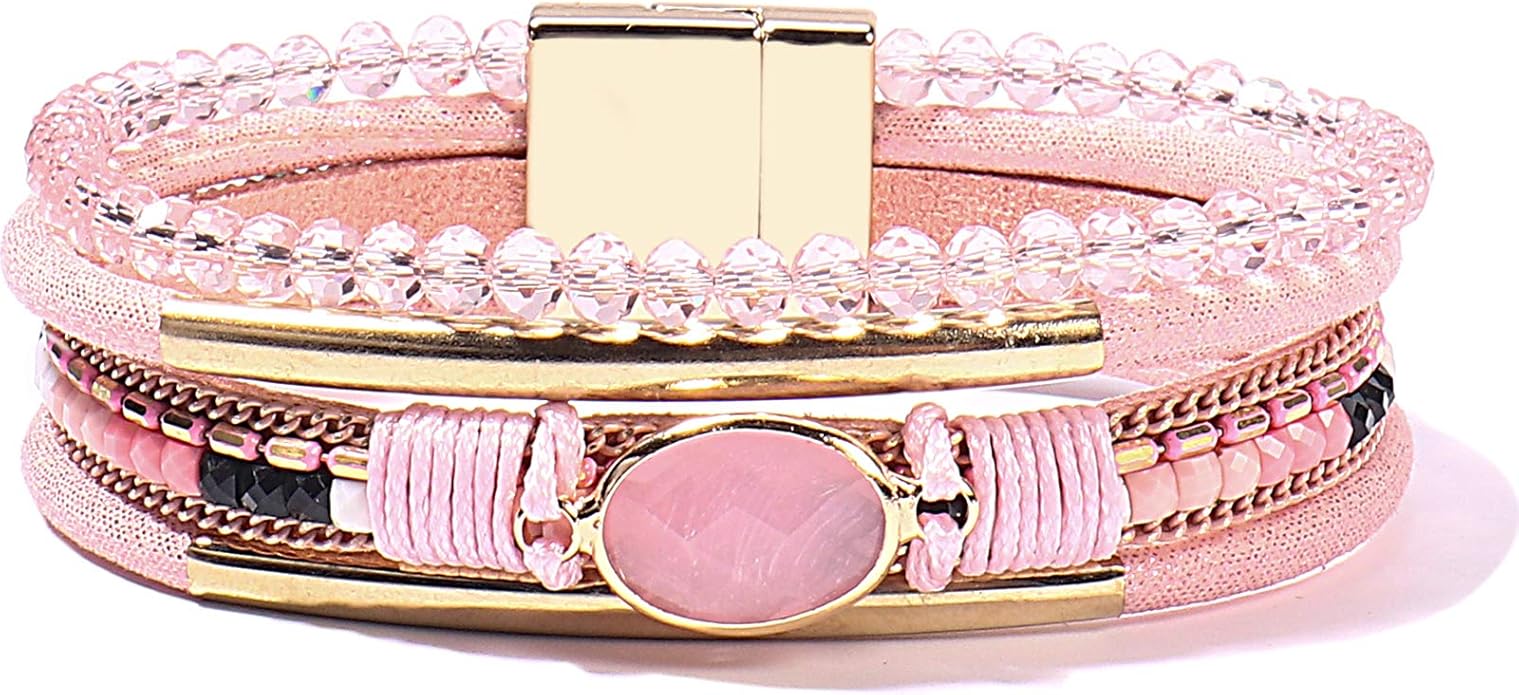 FANCY SHINY Leather Wrap Bracelets Crystal Beads Bracelet Boho Cuff Stone Charm Bracelets with Clasp Costume Jewelry for Women