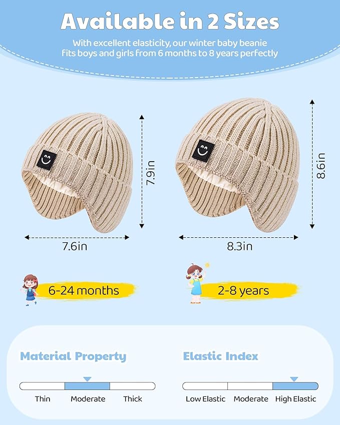 3 Pack Baby Beanie Hats with Earflaps, 2 Size Baby Winter Hat for Infant Toddler Kids, Fleece Lined Knit Hat for Girls Boys