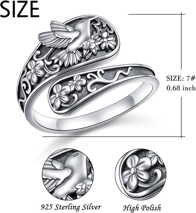925 Sterling Silver Hummingbird/Sunflower Turquoise/Moonstone/Lily of the Valley Flower Spoon Ring Adjustable Open Ring Statement Thumb Ring Jewelry for Women