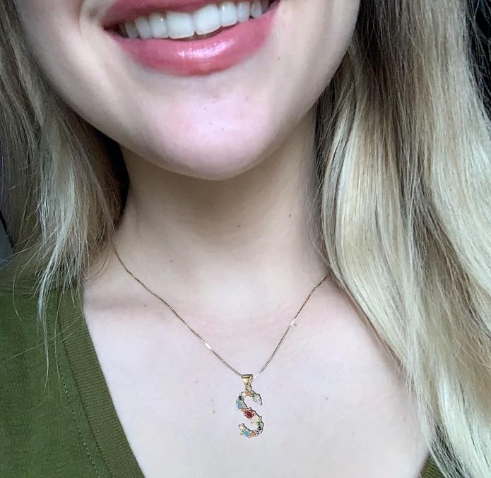 Eben-Ezer 18K Gold Box Chain Choker Initial Necklace Multi-Color Zircon Letter Pendant Script Name Custom Necklace for Women Gift Alphabet 26 A-Z