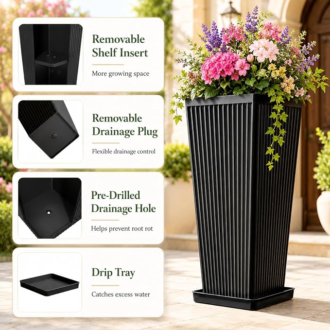 24" Tall Planters for Outdoor Plants Set of 2 Square Fluted, TallIndoor Flower - Image 3