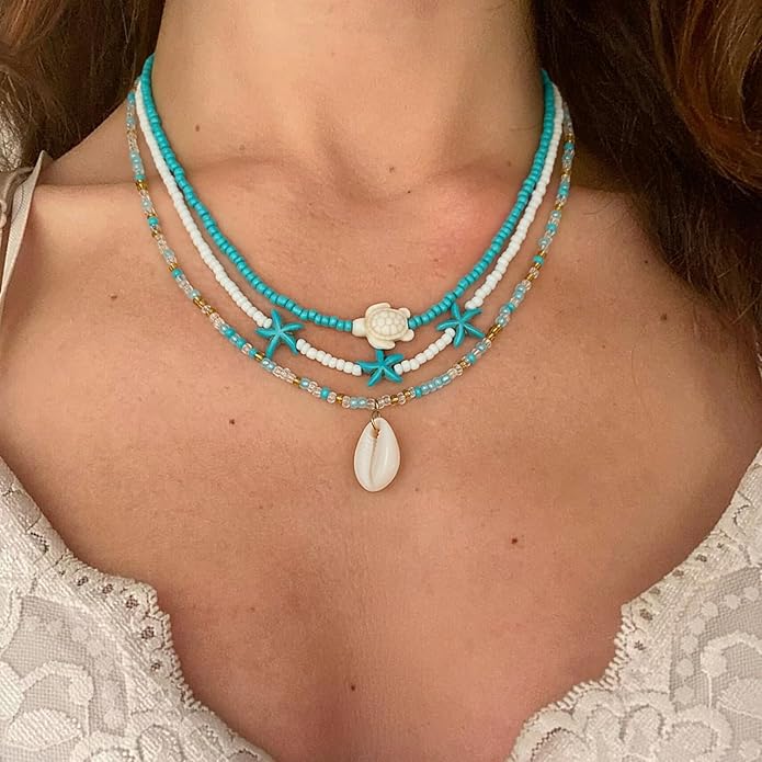 Women's Shell Starfish Boho Layered Beaded Necklace Choker for Summer Beach Vacation Gifts for Birthday/Anniversary/Christmas