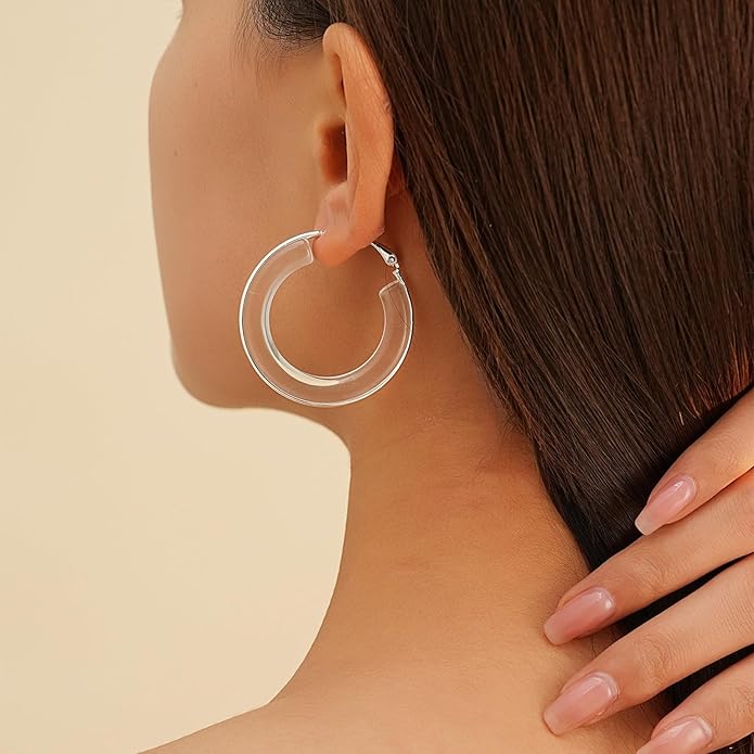 Acrylic Hoop Earrings Sterling Silver Lucite Clear Resin Rectangle Transparent Hoops for Women