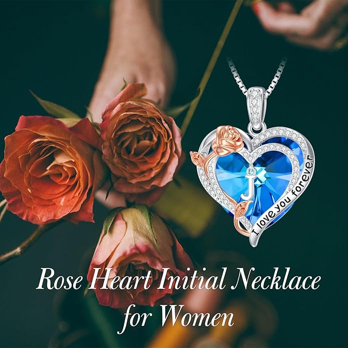 PELOVNY Rose Heart Initial Necklaces for Women S925 Sterling Silver Alphabet Letter Crystal Necklace Initial Pendant Jewelry Gifts for Mom Daughter Wife