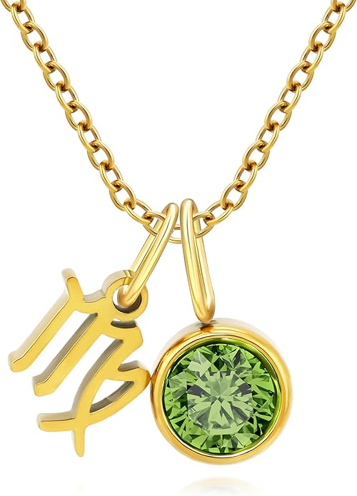 MISS RIGHT Initial Birthstone Necklace for Women - Personalized Gifts Birthday Gifts for Women Stainless Steel 18K Gold Plated Dainty Gold Zodiac Sign 12 Constellation Horoscope Necklace Jewelry