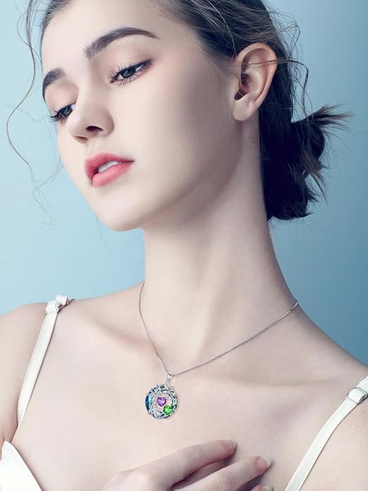 TOUPOP s925 Sterling Silver Family Celtic Tree of Life Pendant Necklaces with 2 Heart Birthstone with Blue Austrian Crystal Jewelry Birthday Valentines Day Gifts for Her, Anniversary Christmas Gifts for Wife Girlfriend Mom (18K Real White Gold Filled)