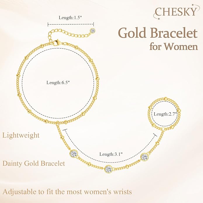 CHESKY 14K Gold Plated Hand Chain Bracelets for Women Set - Dainty Finger Ring Bracelet Stack Adjustable Hand Chains Durable Beaded Bracelets Trendy Simple Body Jewelry Gift for Women