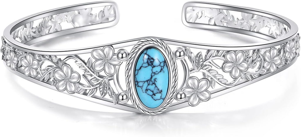 GEHN Bangle 10K 14K 18K Solid Gold Turquoise Bangle Vintage Flower Bracelet Bangle Boho Adjustable Bangle Personalised Jewelry for Women Mother Valentine's, Birthday Gift