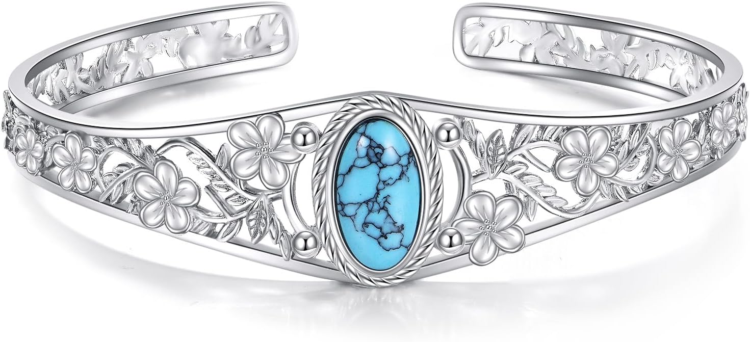 GEHN Bangle 10K 14K 18K Solid Gold Turquoise Bangle Vintage Flower Bracelet Bangle Boho Adjustable Bangle Personalised Jewelry for Women Mother Valentine's, Birthday Gift