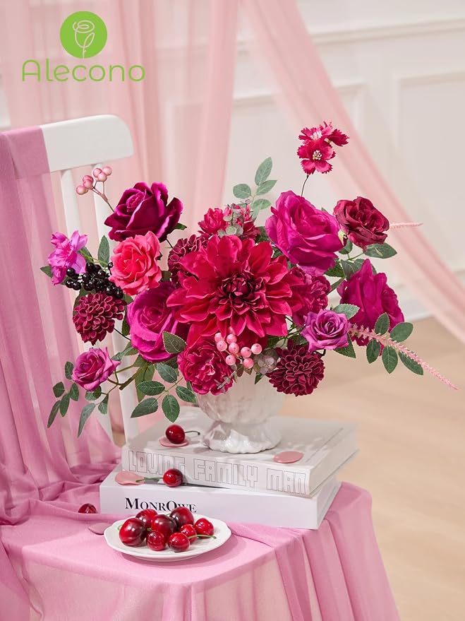 Alecono Hot Pink Artificial Flowers, Silk Fake Roses Floral Set | - Image 7