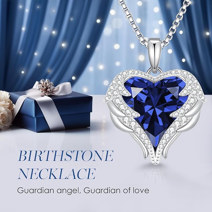 CDE Valentines Day Gifts for Women Angel Wings Necklace for Women with Birthstone, Love Heart Silver Tone/Gold Tone Pendant, Ideal Anniversary or Birthday Jewelry Gifts for Wife Girlfriend Her