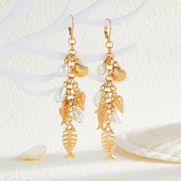 Gold Starfish Shell Earrings for Women with Pearl Beach Seashell Earrings Dangle Summer Vacation Earring for Women Beach Jewelry