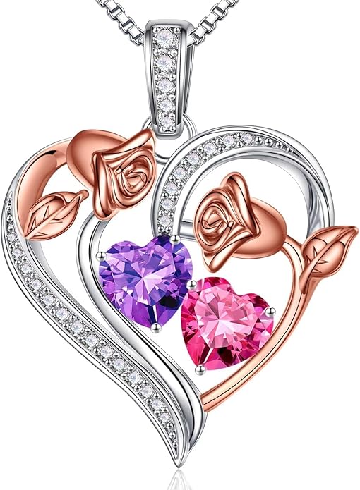 Iefil Valentines Day Gifts for Her - 925 Sterling Silver Rose Heart Necklace, Birthstone Jewelry, Anniversary Birthday Gifts for Wife Girlfriend Mom Daughter