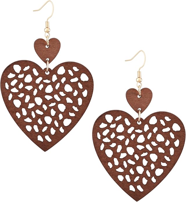 MINACHI Bohemian Hollow Cut-Out Wood Leather Dangle Drop Earrings, Boho Chic Hippie Statement Jewelry Gift for Women