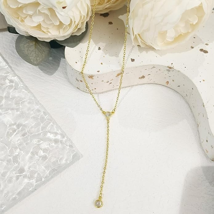 Luxval Lariat Gold Necklace for Women, Dainty Long Necklace 14k Gold Plated/Silver Y-Shaped Pendant Necklaces Trendy Beaded Chain Drop Necklaces Jewelry for Women Gifts