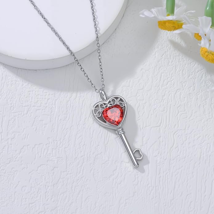 WSX Heart Key Birthstone Necklace for Women 925 Sterling Silver Love Key Pendant with Birthstone Valentine's Day Anniversary Jewelry Gift for Her