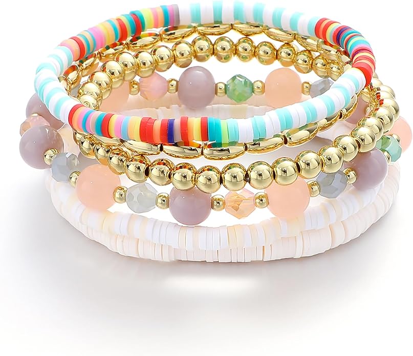 Heishi Beaded Stretch Bracelets for Women Stackable Polymer Clay Beads Bracelets Friendship Boho Summer Beach Bracelet Jewelry Set