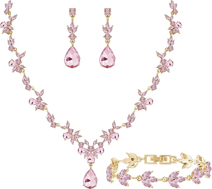 Bridal Wedding Elegant Floral Jewelry Set for Women/Brides/Bridesmaids Crystal Jewelry Set for Wedding Prom Party Bridal Crystal Necklace Earrings Bracelet Set
