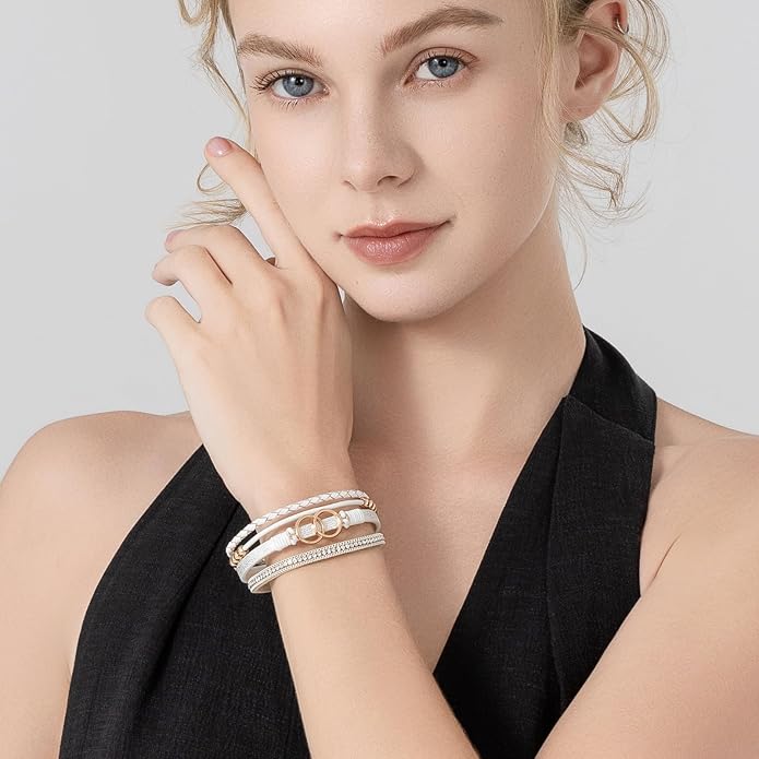 FANCY SHINY Boho Leather Wrap Bracelet Stackable Infinity Chunky Cuff Bracelets Western Hippie Outfits Jewelry Valentine Gifts for Women