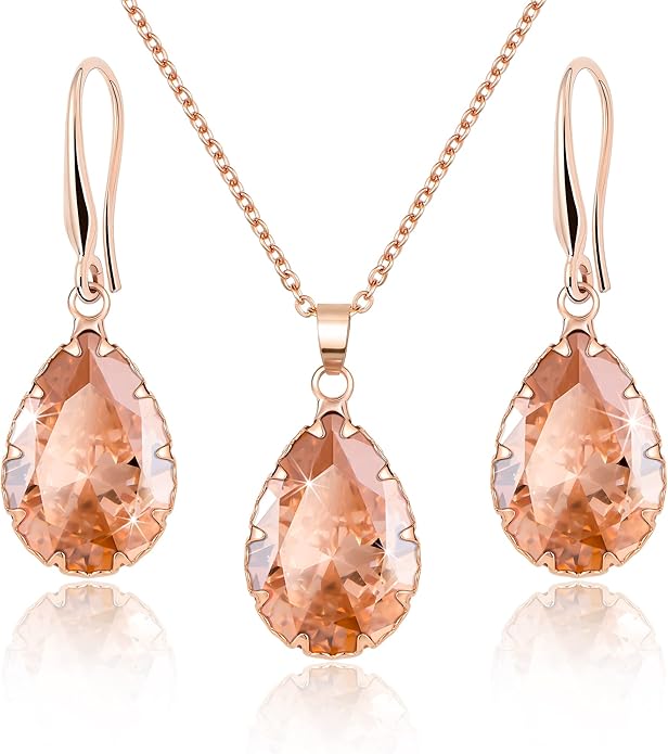 Linawe Crystal Jewelry Sets for Women, Imitation Diamond Pendant Necklace, Rhinestone Drop Dangle Earrings, Birthstone Cubic Zirconia Matching Wedding Jewelry, 14K Gold/Rose Gold/Silver Tones