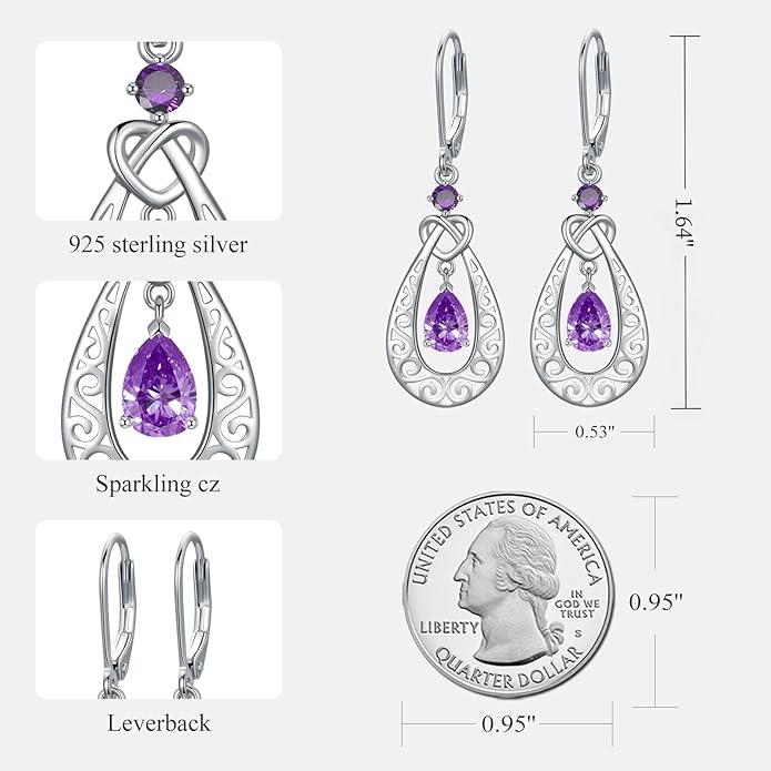 Teardrop Birthstone Dangle Drop Earrings Sterling Silver Infinity Filigree Leverback Earrings, Infinity Love Birthday Anniversary Valentines Day Gifts for Her Women Mom Wife