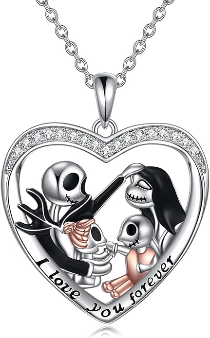 LILALO Nightmare Necklace Sterling Silver Abalone Shell Crystal Jack and Sally Necklace Jack Skellington Skull Jewelry Skull Necklaces for Women