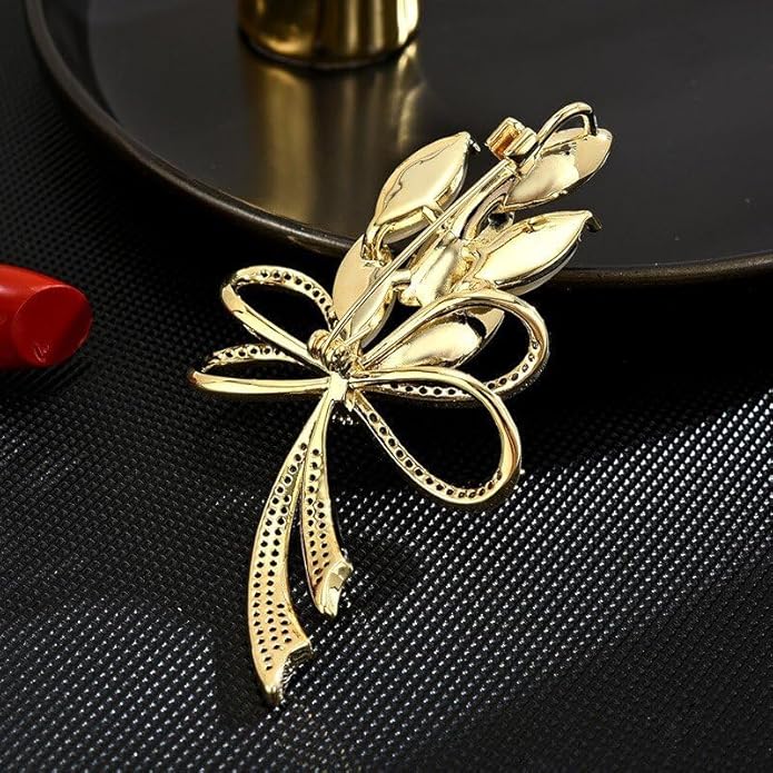 Bow Knot Pin Rhinestone Crystal Pearl Brooch 18k Gold Plated Lapel Pin Birthday Jewelry Gift for Women Men