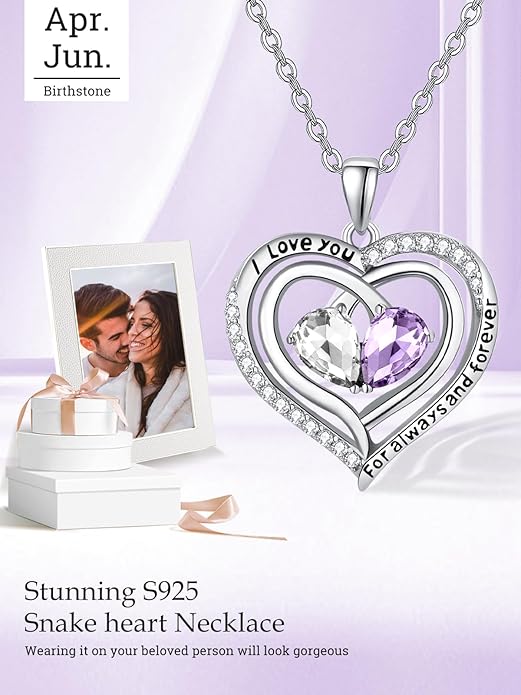 Valentine's Day Gifts for Wife 925 Sterling Silver Double Birthstone Pendant Necklaces I Love You for Always and Forever Necklace Anniversary Birthday Gifts for Wife Girlfriend Mom Her