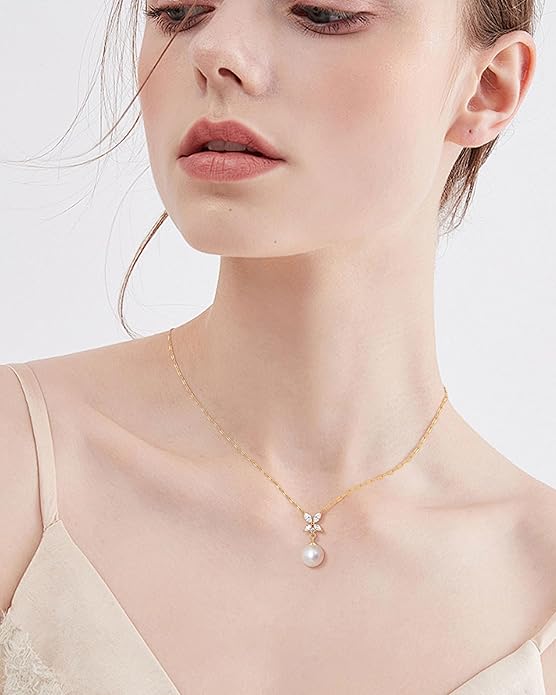 Pearl Necklace for Women with 14K Gold Plated S925 Silver & Butterfly Pendant Necklace, 17.7"+2" Chain Length, Gift for Birthday, Mothers Day, Christmas, Anniversary, Graduation