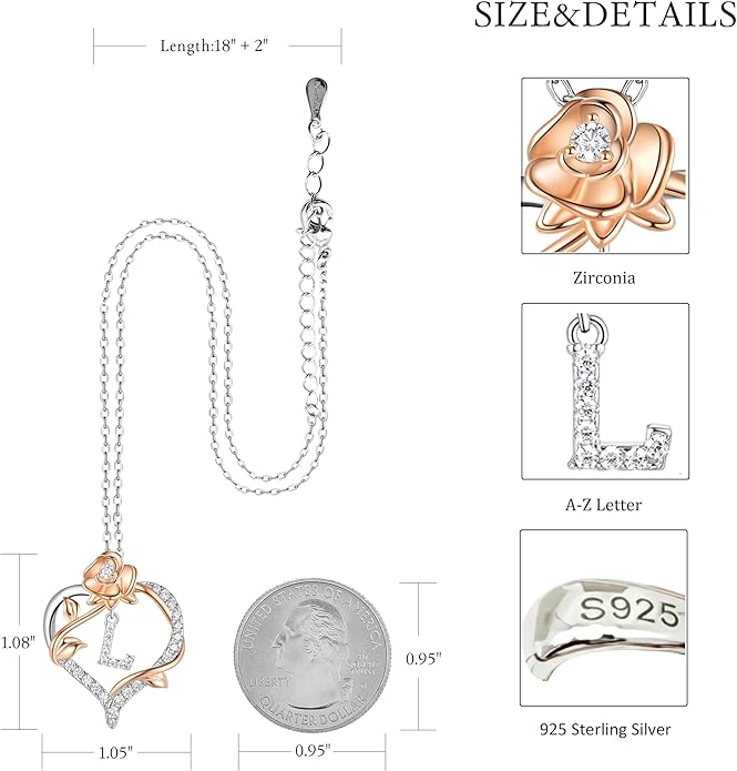 Valentines Day Gifts Rose Heart Letter Initial Necklace for Women, S925 Sterling Silver Pendant Necklace Adjustable Dainty Rose Flower Jewelry Gift for Her