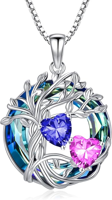 TOUPOP s925 Sterling Silver Family Celtic Tree of Life Pendant Necklaces with 2 Heart Birthstone with Blue Austrian Crystal Jewelry Birthday Valentines Day Gifts for Her, Anniversary Christmas Gifts for Wife Girlfriend Mom (18K Real White Gold Filled)
