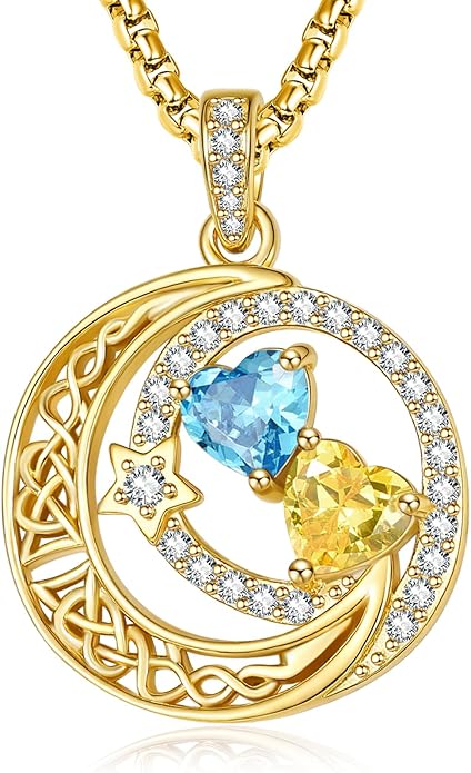 14K Gold Moon and Star Necklace Gifts for Women - Double Heart Birthstone Necklace, Valentines Wedding Anniversary Birthday Gifts for Her Wife Mom Daughter Grandma Sister