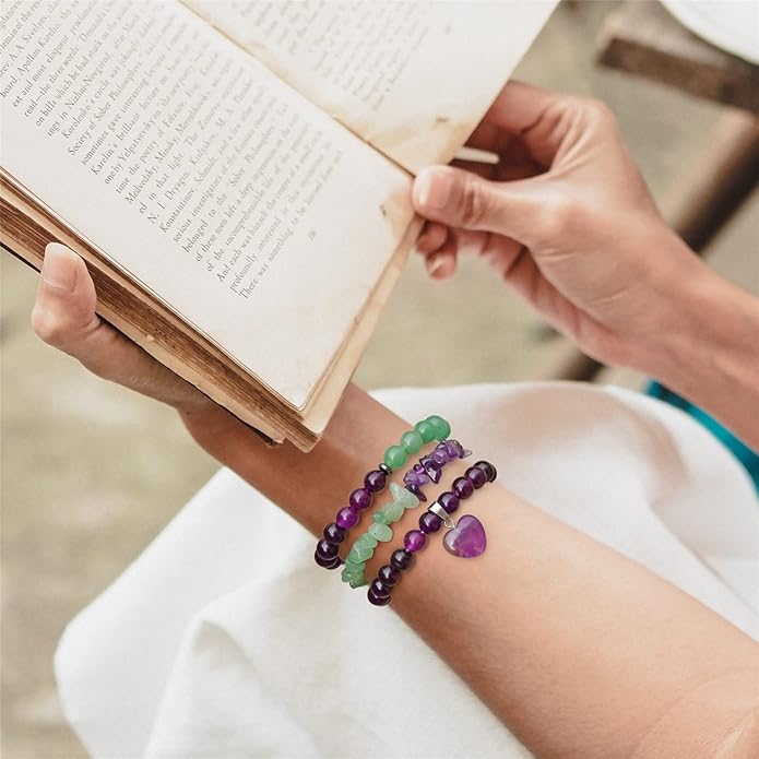 Healing Crystal Beaded Bracelets for Women,Natural Amethyst Gemstones Bracelet,Anxiety Stress Relief Heart Charm Bracelet Handmade purple Jewelry Gifts for Women